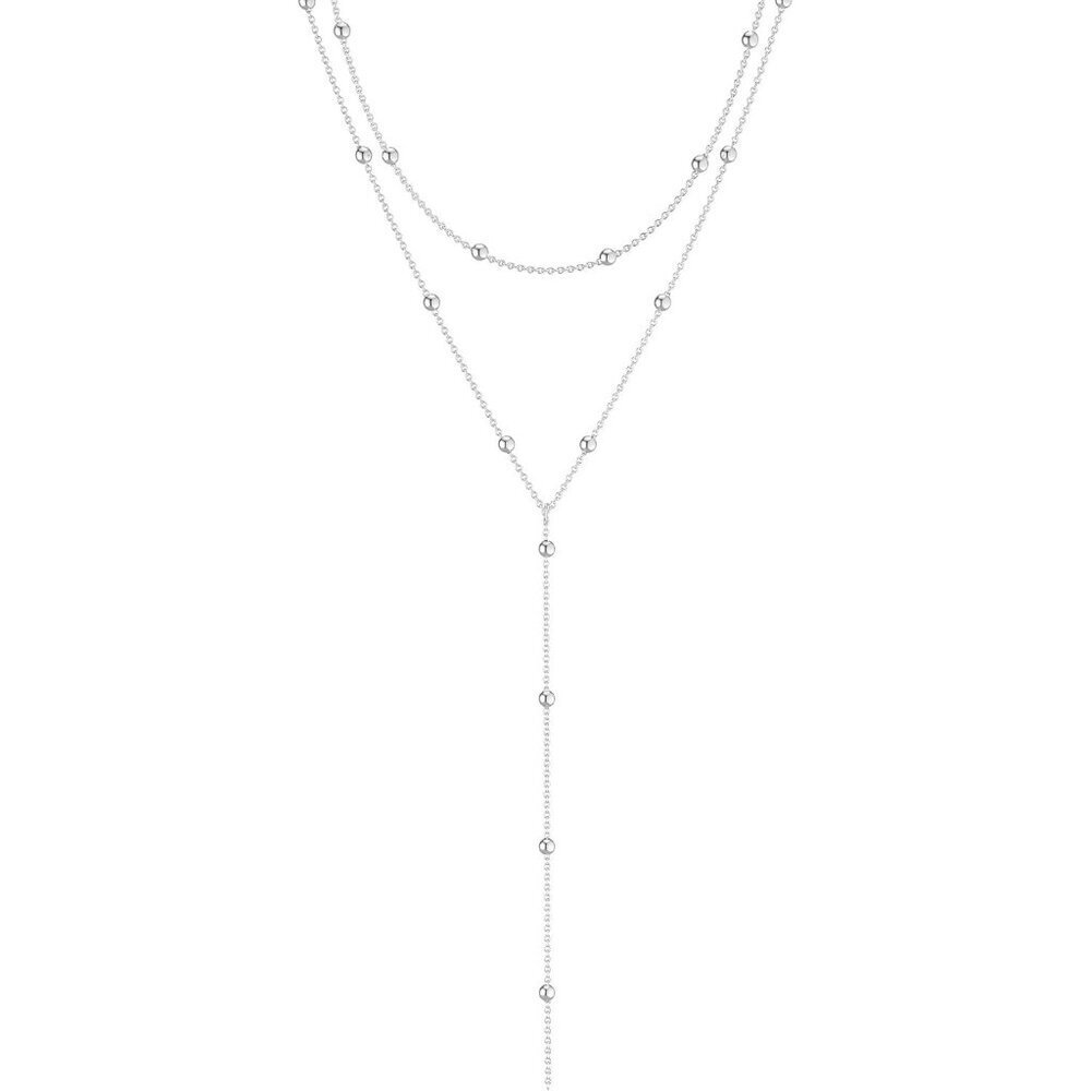 Women's Silver Y-Shaped Pendant Trendy Layered Beaded Chain Drop Necklaces